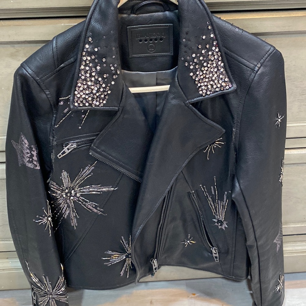 BLANK NYC Star Struck Embellished Faux Leather Moto Jacket Size S Black. NWT